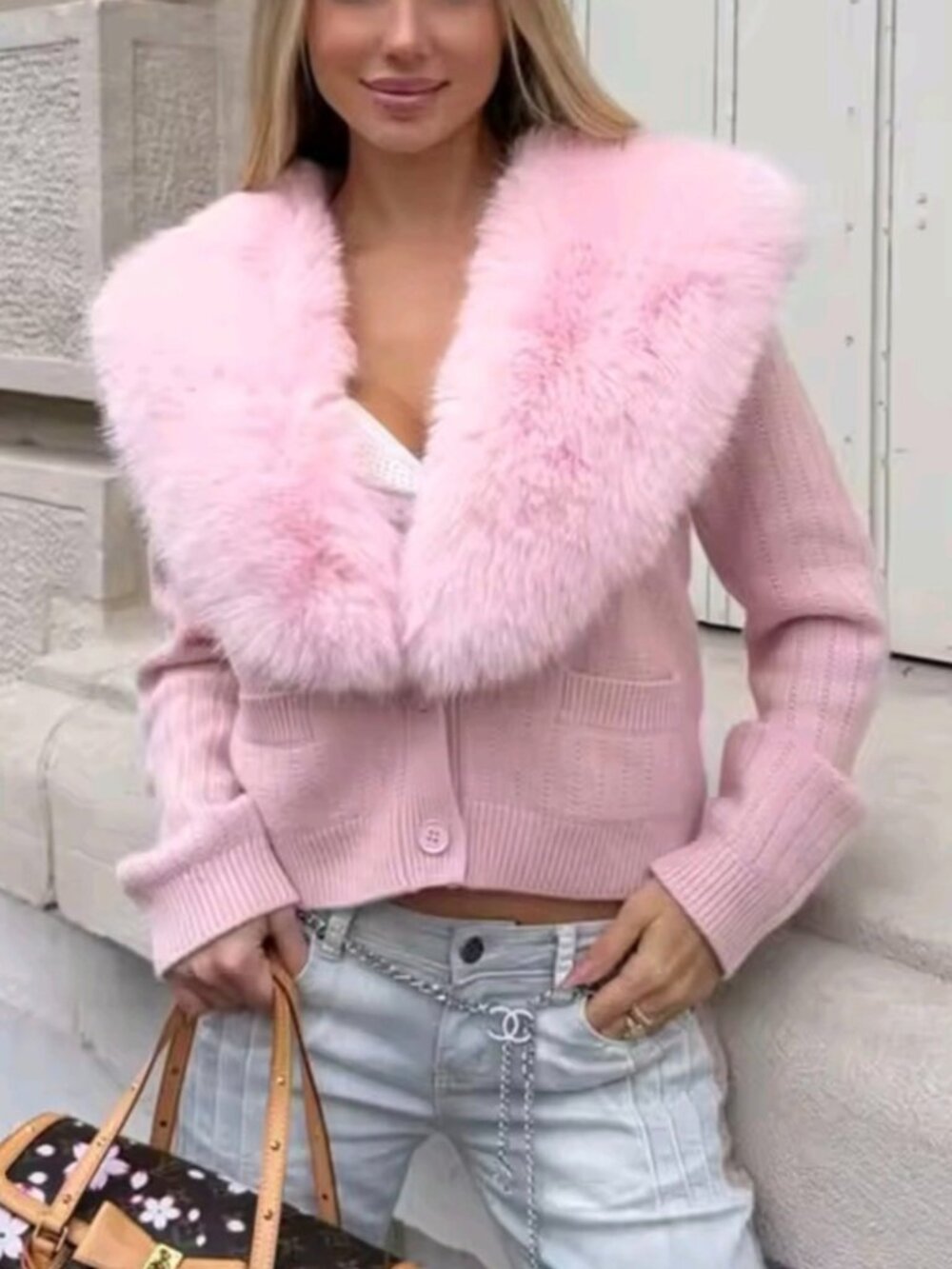 Elegant Faux Fur Coats Women's Warm Puffy Slim Long-Sleeve Collared Cardigan